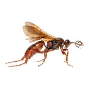 Ichneumon Wasp (Eutanyacra sp.) dried specimen, side view, on a white background
